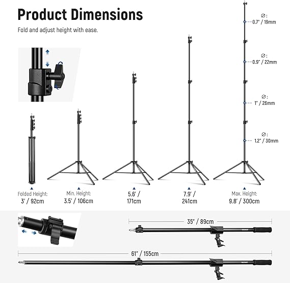 Aluminum Light Stand, 9.8ft/3m Adjustable Photography Stand with Boom Arm Aluminum Light Stand, 9.8ft/3m Adjustable Photography Stand with Boom Arm